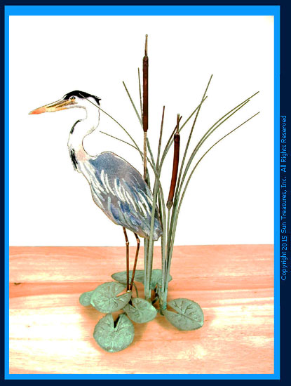 Blue heron In Cattails-Facing Left. T17Left Bovano Tabletop Art
