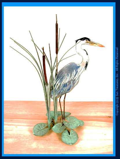 Blue heron In Cattails-Facing Right. T17Right Bovano Tabletop Art