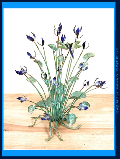 Blue Flowers with Dragonfly T18 Bovano Tabletop Sculpture