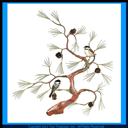Chickadees on Copper Tree with Pine Cones W467 Bovano Sculpture